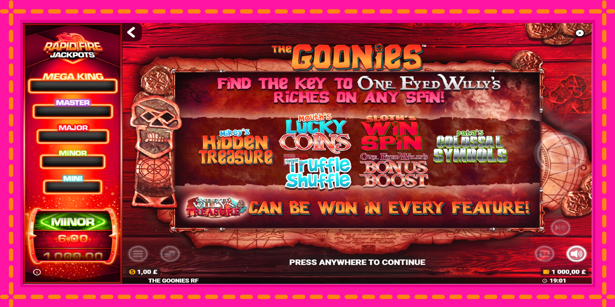 Slot machine The Goonies Deluxe Rapid Fire Jackpots gratuitamente, immagine 1